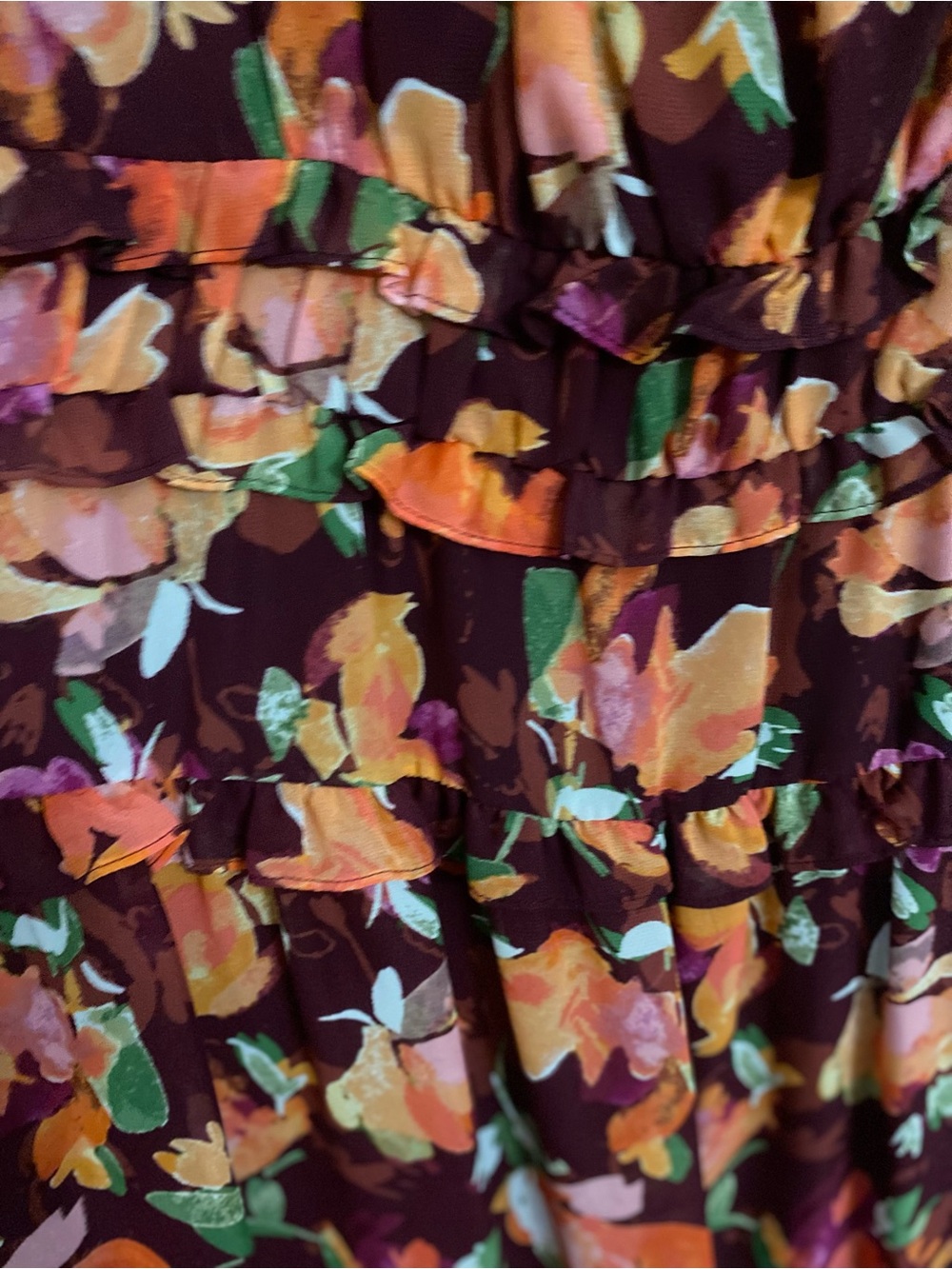 NWT Vince Camuto Floral Tiered Maxi Dress in Burgundy, Orange and Green - Picture 3 of 6